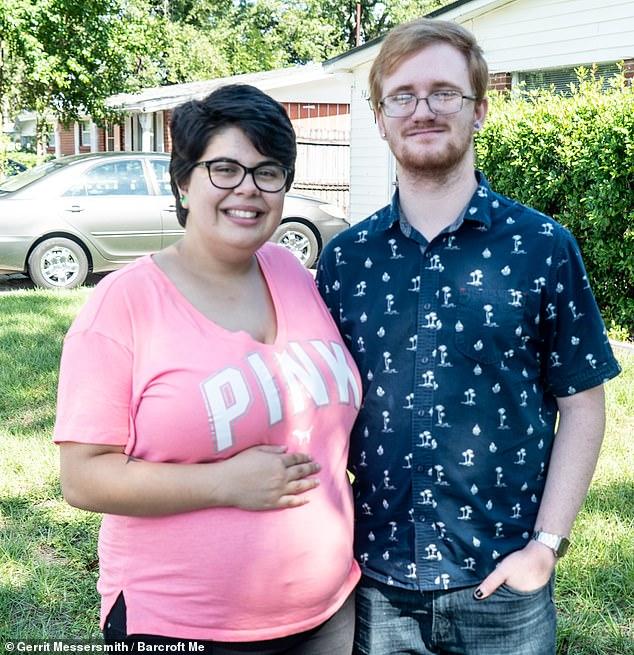Tory, 20, with her partner and father of her child Christopher, 22, outside their home in Jacksonville
