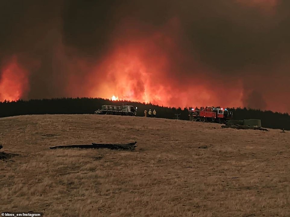 This image taken earlier this week shows the fire at Tumbarumba, which is on the edge of the Dunns Road Fire