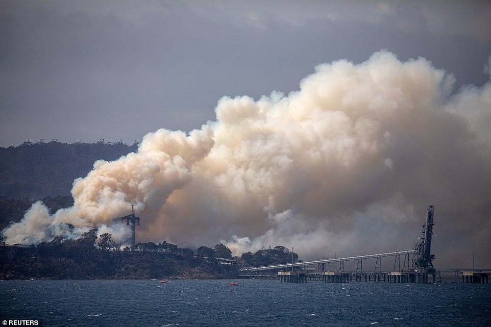 Smoke rises from the Eden Woodchip Mill today, from a fire that has been blazing for days, after bushfires came close the previous week to Eden