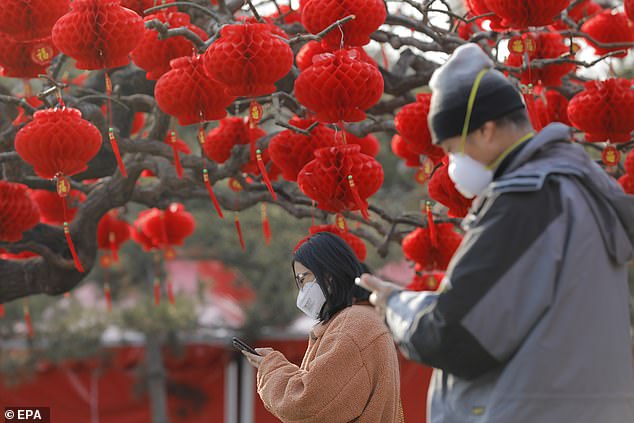 People wear masks as they walk around a tree decorated with red lanterns at Ditan Park (pictured January 21)